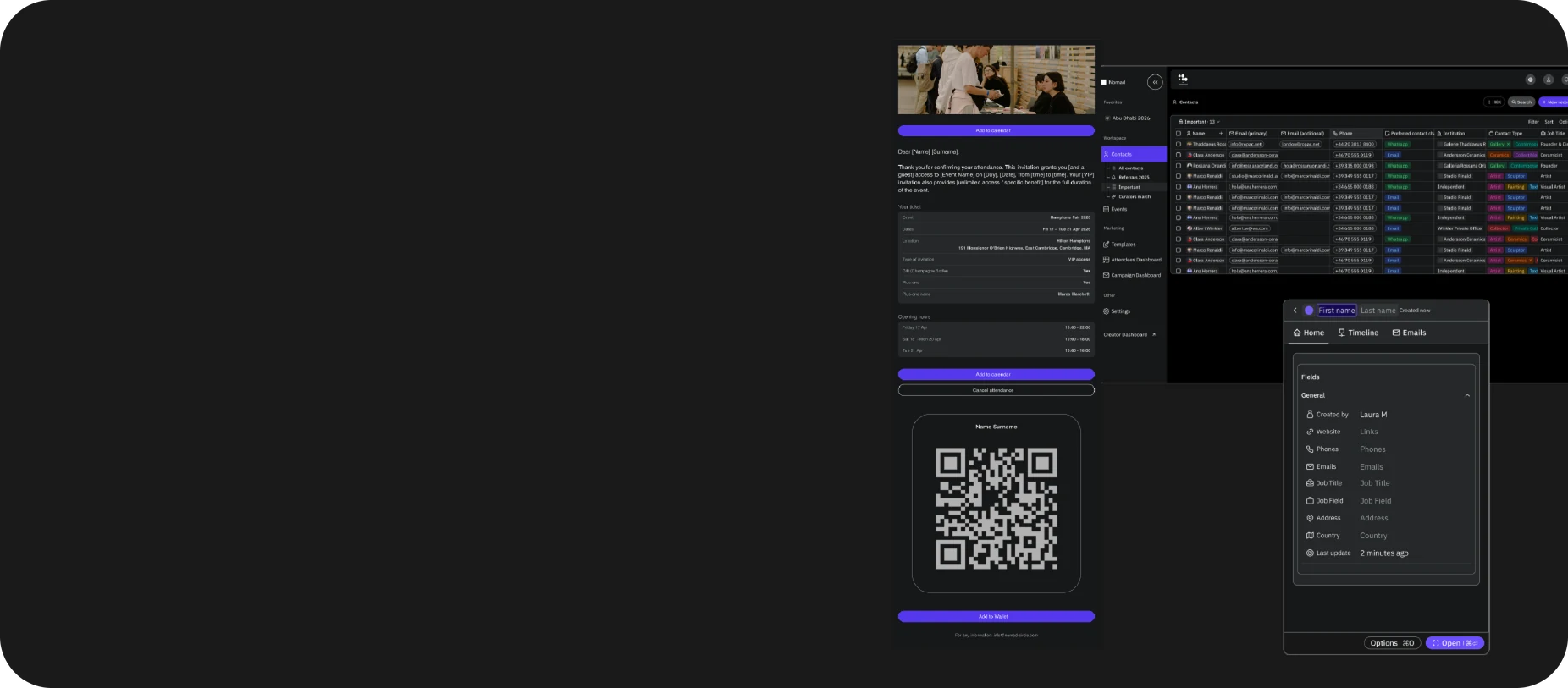 Particle contacts and event invitation management screens